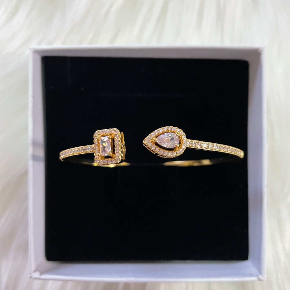 Cubic Zirconia Pear Teardrop Sterling Silver Cuff Gold Bangle Bracelet